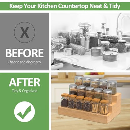 2 Pack Bamboo Spice Rack Organizer for Kitchen Counter, 3 Tier Spice Shelf Holder for Cabinet (Jars Not Included) - style: Step Shelf