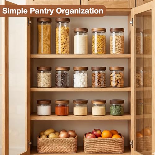 CONNOO 40oz Airtight Glass Storage Containers with Wood Lids (3-Pack) – Includes 120 Pre-Printed Waterproof White Kitchen Labels – Tall Pantry Canisters for Flour, Pasta & Cereal - size: cylindrical/40oz/3pcs