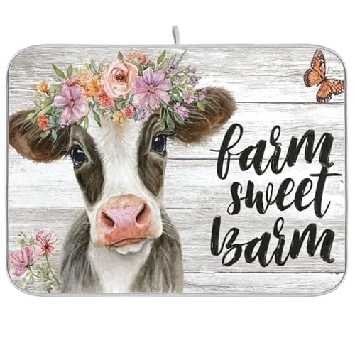 Dish Drying Mat for Kitchen Farm Sweet Cow Flower Counter 18 x 24 inch-Absorbent Microfiber Dish Mat, Reversible Drying Pad Dish Drainer Rack Mats for Countertop Fast Dry - color: Cow, size: 16x18in