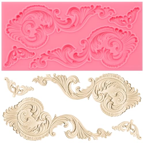 Baroque Scroll Silicone Fondant Mold, Vintage Decorative Pattern for Cake Decorating, Pink - color: pink(M15)