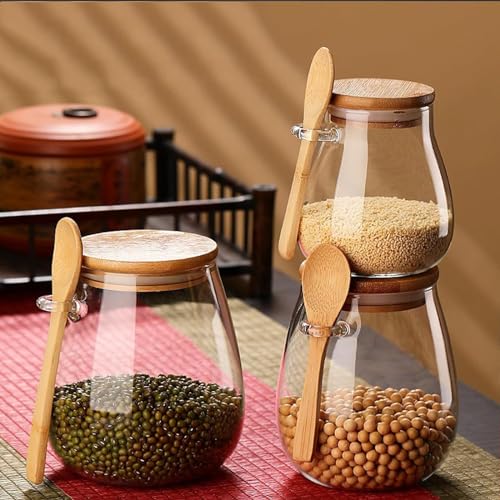 Airtight glass jar storage container with bamboo lid Set of 4, wide mouth, leak-proof, With a spoon, can be used for coffee beans, tea leaves, grains, dried fruits, etc (Large*4PCS) - color: Large*4PCS