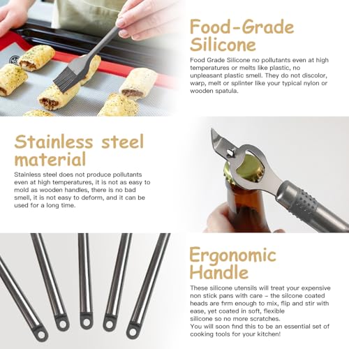 Kitchen Utensil Set-Silicone Cooking Utensils-33 Kitchen Gadgets & Spoons for Nonstick Cookware-Silicone and Stainless Steel Spatula Set-Best Kitchen Tools, Useful Pots (Grey) - color: Gray