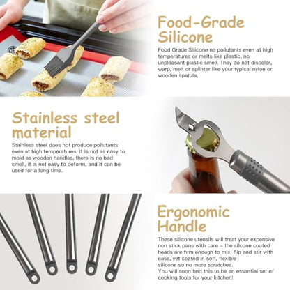 Kitchen Utensil Set-Silicone Cooking Utensils-33 Kitchen Gadgets & Spoons for Nonstick Cookware-Silicone and Stainless Steel Spatula Set-Best Kitchen Tools, Useful Pots (Grey) - color: Gray