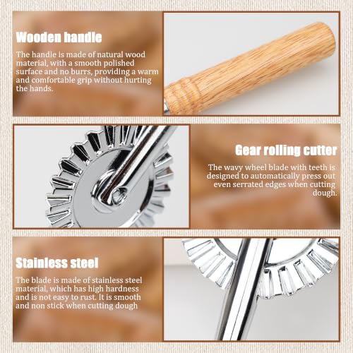 Pastry Cutter Wheel, Crinkle Wheel with Beech Wood Handle | 304 stainless steel crinkle blade, beech wood handle, multi-use for pizza pasta pastry cookie ravioli, 5 variants - color: Long Handle Small Cutter Wheel