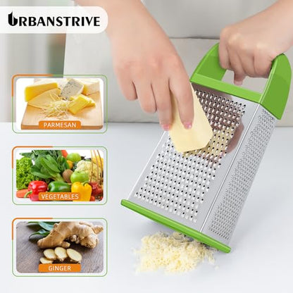 Urbanstrive Cheese Grater With Container, Professional Cheese Grater with Handle, Stainless Steel Graters for Kitchen Handheld, Box Grater with 4 Sides for Vegetables, Ginger, Potatoes (Green) - color: Green