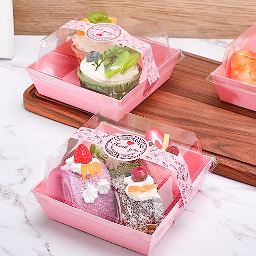 Paper Charcuterie Boxes with Clear Lids and Stickers - 50 SETS 4 Inches Square Disposable Food Containers Bakery Boxes for Bakery, Macaron, Sandwich, Slice Cake, Cookies, Hot Cocoa Bombs, Strawberries (Pink) - color: Pink