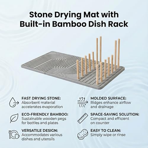 Stone Dish Drying Mat with Bamboo Rack – Fast-Drying Diatomaceous Earth Surface with Non-Slip Silicone Base – Eco-Friendly, Super Absorbent Drying Pad for Kitchen Countertops and Dishes (Gray)