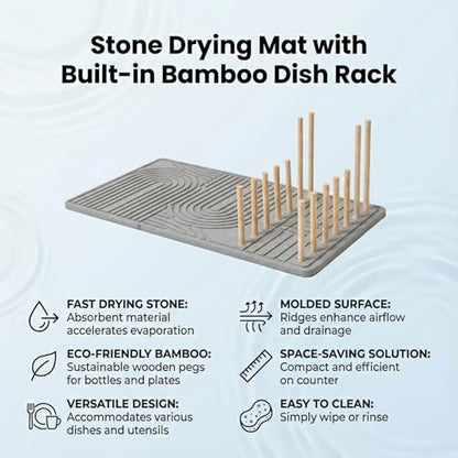 Stone Dish Drying Mat with Bamboo Rack – Fast-Drying Diatomaceous Earth Surface with Non-Slip Silicone Base – Eco-Friendly, Super Absorbent Drying Pad for Kitchen Countertops and Dishes (Gray)
