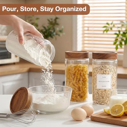 CONNOO 40oz Airtight Glass Storage Containers with Wood Lids (3-Pack) – Includes 120 Pre-Printed Waterproof White Kitchen Labels – Tall Pantry Canisters for Flour, Pasta & Cereal - size: cylindrical/40oz/3pcs