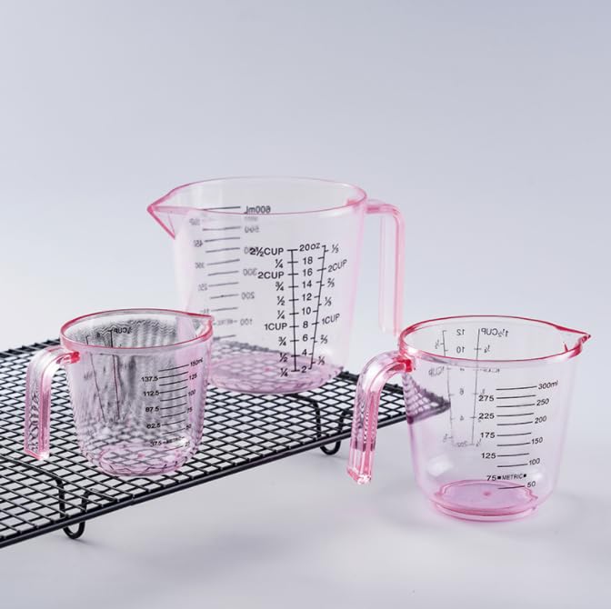 Plastic Measuring Cup Clear Graduated Measuring Cups Plastic Mug with Spout and Handles Ounce and Ml Cup Marking for Recipe Ingredient, Flour, Water, Liquid (2 ½ cup 600ml pink)