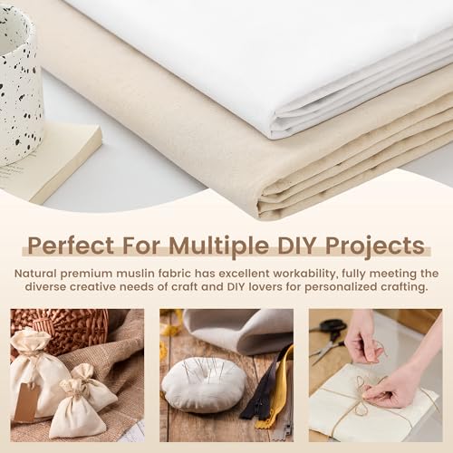 KUUP 100% Cotton Muslin Fabric, 44" Wide, 1/2/3/5 Yards, Natural Unbleached Muslin Fabric by Yard, Light Weight Soft Breathable Cotton Fabric for Sewing Embroidery, Garments, Crafts, Binding - color: Natural, size: 44-2 Yards