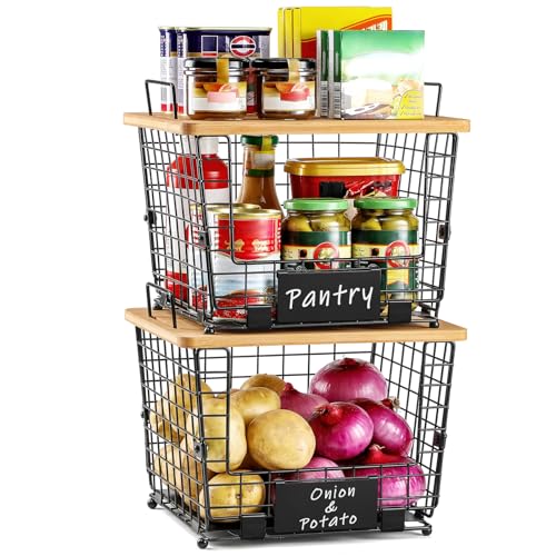 2 Set Large Stackable Wire Basket with Bamboo Tops & Tag- Pantry Organizer and Storage Bins, Kitchen Counter Cabinet Shelf Countertop Under Sink Organizing for Food Snack Produce Onion Potato Bread - size: L