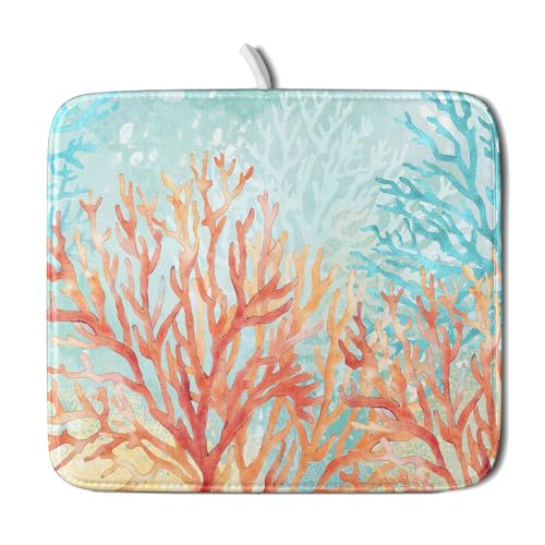 Giwawa Coastal Coral Dish Drying Mat Beach Ocean Drainer Rack Mat 16x18 Inch Microfiber Absorbent Reversible Dish Dry Pad for Kitchen Counter Sink - color: Pink Coastal Coral, size: 16x18 inch