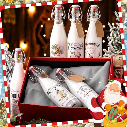 Sieral 6 Set Coquito Bottles 16 oz Christmas Swing Top Glass Bottles Christmas Flip Top Brewing Bottle for Vanilla Extract Homemade with Label Stickers Home Brewing Coquito Beverages Liqueur - color: Coquito