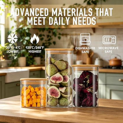 D2scrma Airtight Glass Square Storage Containers with Bamboo Lid Set of 6 (650ml*2/1100ml*2/1500ml*2) Stackable Jars, Kitchen Canister for Pantry Cereal, Nuts, Snacks and Coffee beans - size: 22oz*2/37oz*2/50oz*2