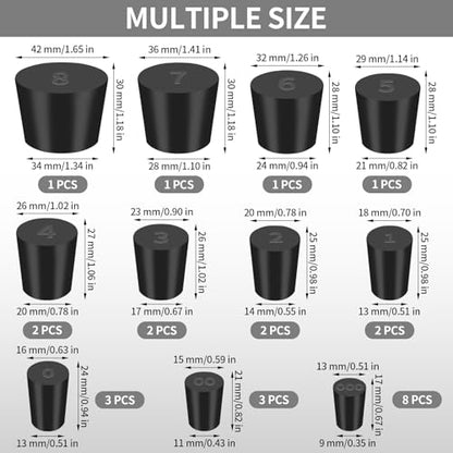 Aleric 26 Pack Solid Rubber Stoppers - 11 Assorted Sizes Stopper Plugs, 000# - 8# Sizes Rubber Plugs for Flask, Lab Plug Holes, Test Tube