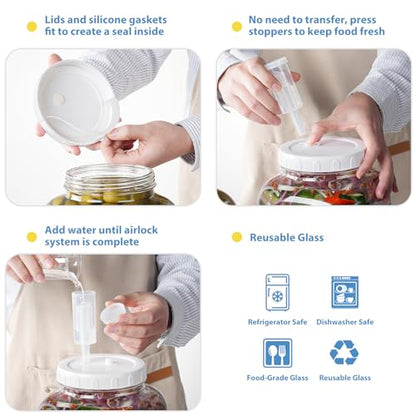 Glass Fermentation Jar Large Pickle Jar Kimchi Containers for Kumbucha Mead | 1.5 Gal, 4.3" Wide Mouth, 2pc, Airtight Lid & 3 Airlocks, ML/OZ Scale Line, Food Grade, BPA Free, Dishwasher Safe, 5700 ML