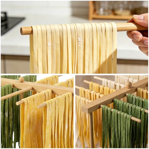 Bamboo Pasta Drying Rack with Transfer Wand and 12 Bars, Noodle Drying Rack for Pasta, Pasta Dryer Stand, Pasta Hanger for Kitchen