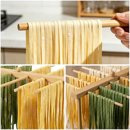 Bamboo Pasta Drying Rack with Transfer Wand and 12 Bars, Noodle Drying Rack for Pasta, Pasta Dryer Stand, Pasta Hanger for Kitchen