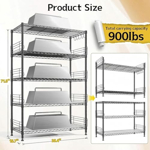 DurayLoly 5 Tier Wire Shelving Unit with Hooks and Side Blockers, 900LBS Heavy Duty Storage Shelves, Adjustable Standing Pantry Shelves for Kitchen, Closet, Workshop, 35.4" D x 15.7" W x 71.5" H - size: 35.4''Wx15.7''Dx71.5''H