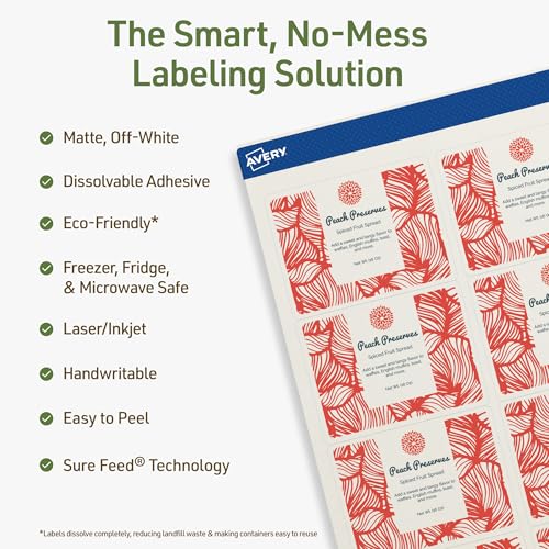 Avery Dissolvable Rectangle Labels, Sure Feed Technology, 2" x 2-5/8", Matte White, Laser/Inkjet Printable, 150 Labels Total, Freezer-Safe, Microwave-Safe, Refrigerator-Safe - style: 150 labels