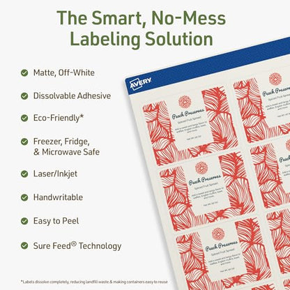 Avery Dissolvable Rectangle Labels, Sure Feed Technology, 2" x 2-5/8", Matte White, Laser/Inkjet Printable, 75 Labels Total, Freezer-Safe, Microwave-Safe, Refrigerator-Safe - style: 75 labels