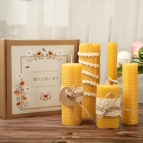Beeswax Sheets for Candle Making, 30Pcs DIY Beeswax Candles Rolling Kit for Kids & Adults, Natural Honeycomb Sheets (8 x 8 Inch) with Cotton Wick, Bee Ornaments, Lace Ribbon and Hemp Rope