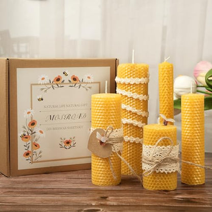 Beeswax Sheets for Candle Making, 30Pcs DIY Beeswax Candles Rolling Kit for Kids & Adults, Natural Honeycomb Sheets (8 x 8 Inch) with Cotton Wick, Bee Ornaments, Lace Ribbon and Hemp Rope