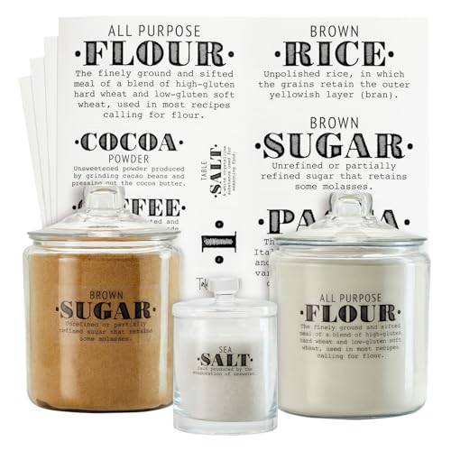Talented Kitchen Preprinted Pantry Labels - Waterproof Kitchen Organization & Food Storage Labels - Flour, Sugar & Cornmeal Vinyl Sticker Set - 36 Pack, Medium, Clear Vinyl, Black Print