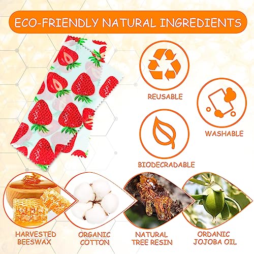 Reusable Beeswax Wrap, 4 Pack Eco-Friendly Beeswax Wraps For Food, Organic, Sustainable, Biodegradable, Zero Waste, Plastic-Free Food Storage, 1L Avocado, 1M Cherry, 1S Strawberry, 1XS Lemon Patterns