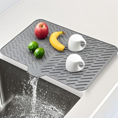 Silicone Dish Drying Mat 23x17,Food-Grade Silicone,Easy Clean Pad for Countertop Protection,Heat Resistant,Easy Clean,Non-Slip Drain Pad with Built-in Drain,Multi-Functional Use,Gray - color: Gray, size: 23" x 17"