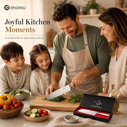 imarku Chef Knife Ultra Sharp Santoku Knife 7 Inch, High Carbon Stainless Steel Japanese Kitchen Knife with Hollow Edge | Seamless Ergonomic Handle, Gift Box for Meat/Vegetables/Tomatoes & Daily Prep - color: Brushed Silver