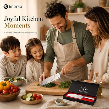 imarku Chef Knife Ultra Sharp Santoku Knife 7 Inch, High Carbon Stainless Steel Japanese Kitchen Knife with Hollow Edge | Seamless Ergonomic Handle, Gift Box for Meat/Vegetables/Tomatoes & Daily Prep - color: Brushed Silver