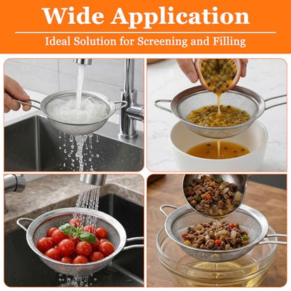 Kenaoeoe 4 PCS Stainless Steel Canning Funnel and Can Strainer Set Wide and Regular Mouth Kitchen Funnels with Fine Mesh Strainers for Kitchen Use