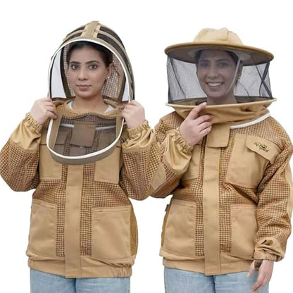 Khaki 3 Layer Beekeeping Jacket with Fencing Veil and Round Brim Hat (3XL) - size: 3XL
