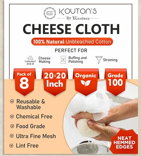 Cheese Cloths – 8 Pcs Precut 20x20 inch hemmed 100% Unbleached Cheesecloth for Straining - Reusable Ultra Fine Mesh Grade 100 Organic cheese Cloth for Turkey baking Juicing Brewing - size: 20x20 inch 8 Pcs