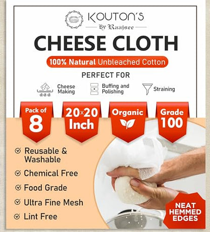 Cheese Cloths – 8 Pcs Precut 20x20 inch hemmed 100% Unbleached Cheesecloth for Straining - Reusable Ultra Fine Mesh Grade 100 Organic cheese Cloth for Turkey baking Juicing Brewing - size: 20x20 inch 8 Pcs