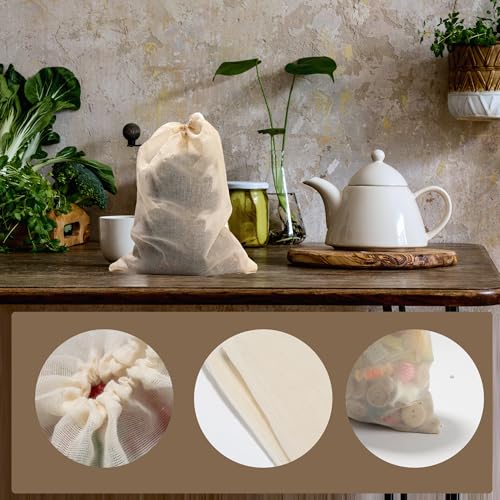 RAYNAG 12 Pack Reusable Soup Bags, Kitchen Spice Bags Cotton Mesh Strainer Cooking Pouches Simmer Pot Bags Sachet Pouch Cheesecloth Drawstring Bags for Spices Herbs Coffee Tea Brew,10 x 8 inch
