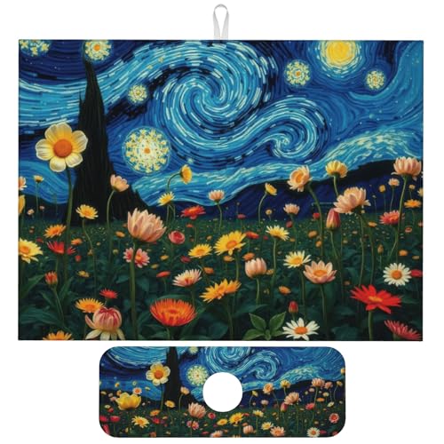 Starry Night Flowers Dish Drying Mat for Kitchen Counter, 18"x24" Microfiber Absorbent Fast Dry Mat, 2Pcs Dish Mat Faucet Mats Sets, Large Drying Kitchen Mat Kitchen Drying Pad - color: Starry Night Flowers, size: 18"X24"