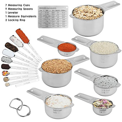 Measuring Cups and Spoons Set, Stainless Steel Measuring Cups Set, Dry 7 Measurer Cups 9 Measurement Spoons with Leveler & Measure Enquivalents for Kitchen & Baking Nesting Measuring Tools