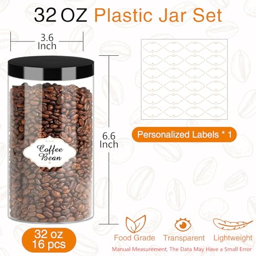PeacePeo Plastic Jars with Lids, 16 Pcs 32 OZ Large Plastic Storage Jars with Black Leakproof Lids Cylinder Plastic Storage Container Jar Reusable Clear Empty Jars for Home and Kitchen Organizing