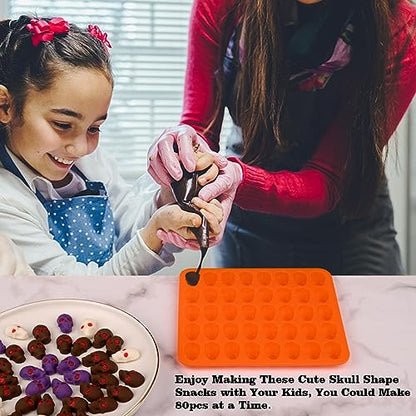 Sakolla 2 Pack Gummy Skull Candy Silicone Molds 40 Cavity Silicone Skull Molds with 2 Droppers for Halloween Chocolate, Candy,Jelly, Wax Melt, Dog Treats, Ice Cube - color: Mini Skull 40 Cavity/Purple&Orange