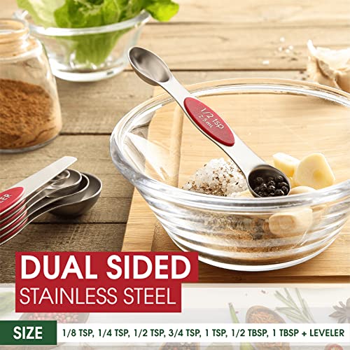 Spring Chef Red Stainless Steel Magnetic Measuring Spoons Set of 8 with Leveler, Dual Sided Nesting Teaspoon & Tablespoon Measuring Spoons, Kitchen Gadgets for Baking & Cooking, Fits in Spice Jars - color: Red, size: 1-Pack