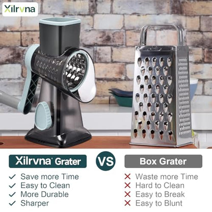 Rotary Cheese Grater with Handle Kitchen Shredder Slicer Grater Slicer Ice Shaver Cheese Vegetable Nuts Potato Zucchini Chocolate 3 Interchangeable Blades (GreyBlue - color: GreyBlue
