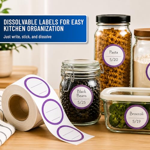 Water Soluble Labels for Food Containers – Dissolvable Kitchen Labels – No Sticky Residue – 2" Diameter, Two-Line Writable Surface, 200 Labels Per Roll (Purple) - color: Purple