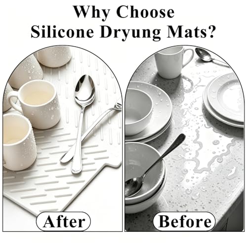 Silicone Dish Drying Mat for Kitchen Counter,23"X17" With Built-in Drain Lip,Food-Grade Silicone,Heat-Resistant Eco-friendly Hygienic Drying Mat Leak-Proof and Non-Slip,Multi-Functional Use（White） - color: White, size: 23" x 17"