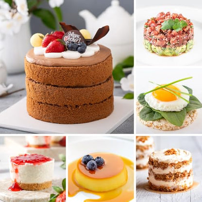HULISEN Round Cake Ring Mold, Stainless Steel 3” Cooking Crumpet Rings with 1 Pusher & 4 Food Form, Tuna Tartare Mold for Pancake, Salad, Mousse - size: 4 Round/ Set-3 Inch with Pusher
