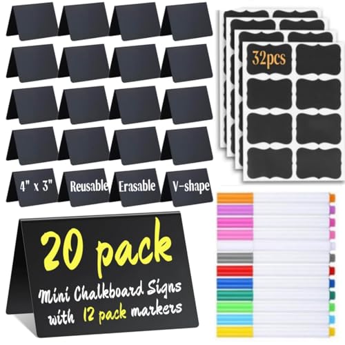 20 Pack Mini Chalkboard Signs Food Labels for Party Buffet, Reusable Small Chalk Boards for Birthday Bakery Wedding Table Signs Food Tags Place Cards (Plastic Chalkboard V-20) - style: Plastic Chalkboard V-20