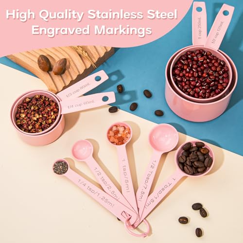 Measuring Cups and Spoons Set of 9, Stainless Steel Measuring cup for Cooking and Baking, Measuring spoons for Dry and Liquid Ingredients (Pink) - color: Pink