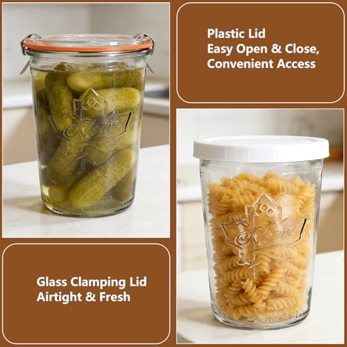 2 Pack Sourdough Starter Jar,27oz Glass Storage Containers with Glass Lids &Plastic Lids,Airtight Wide Mouth Jars for Pickling,Overnight Oats,Salad